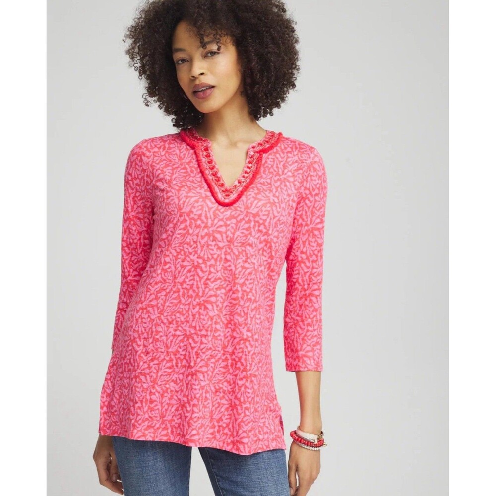 Chicos 100% Linen Reef Embellished Tunic Sz 1 M Pink Red Resort Beachy Coastal